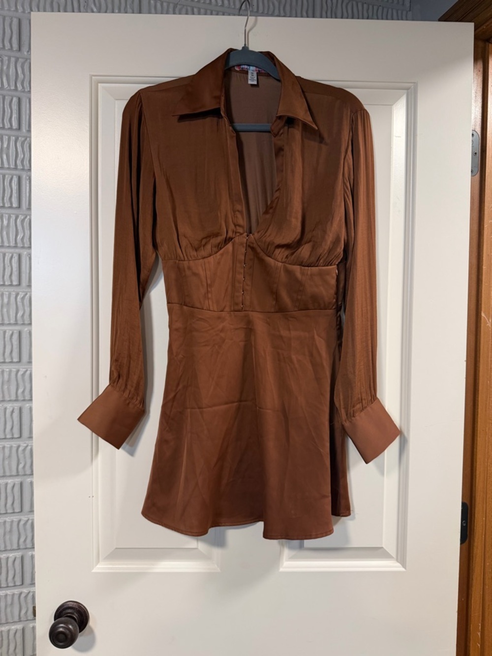Urban Outfitters Brown Satin Mini Dress Size M Corset Waist Long Sleeve